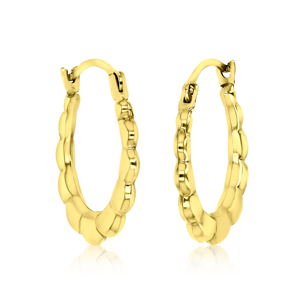 14K Yellow Gold Textured Diamond Cut Flower Design Hoop Earring X290