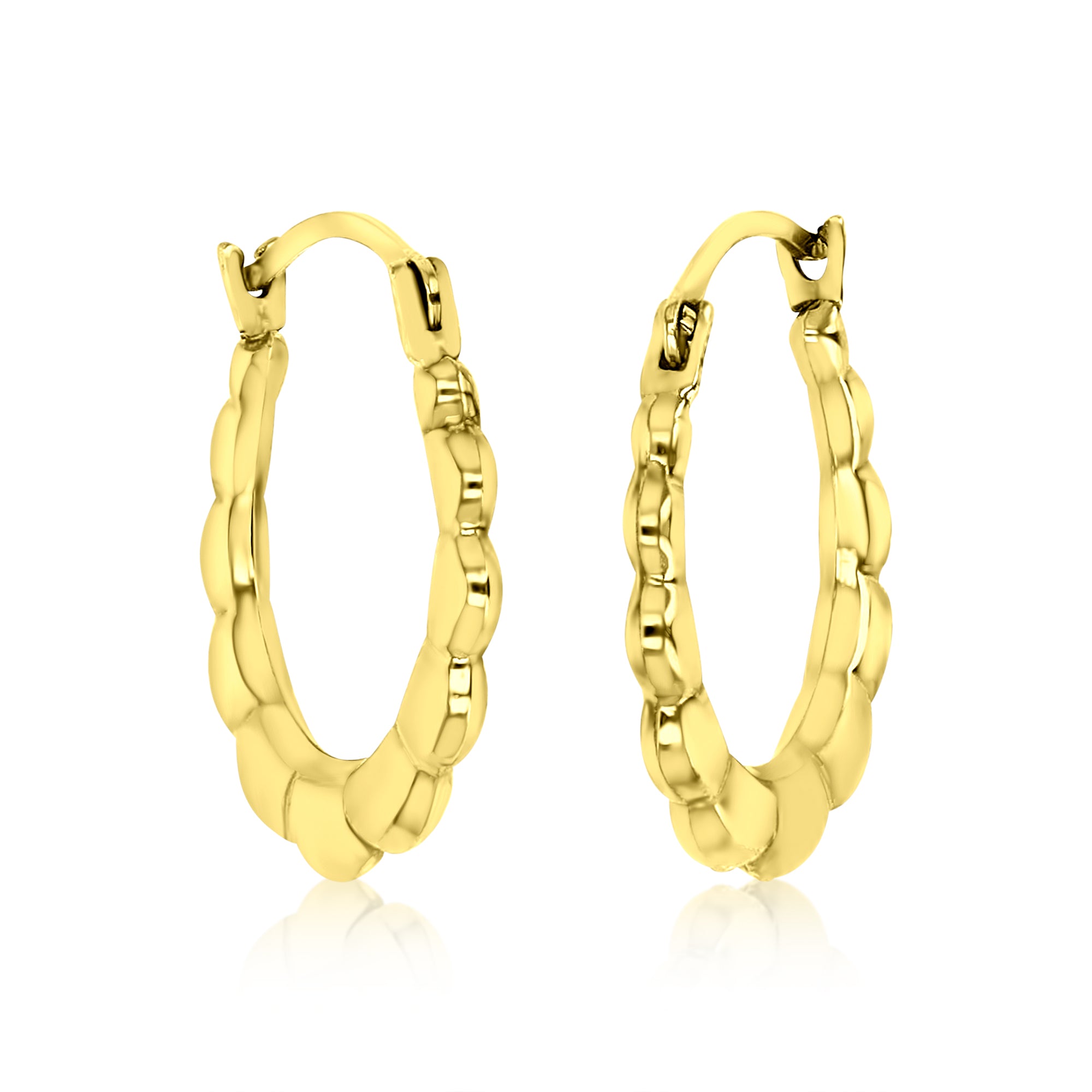 14K Yellow Gold Textured Diamond Cut Flower Design Hoop Earring X290