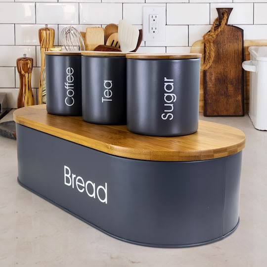 Bamboo 4 Piece Bread Basket and Canister Set in Gray with Lids U348769