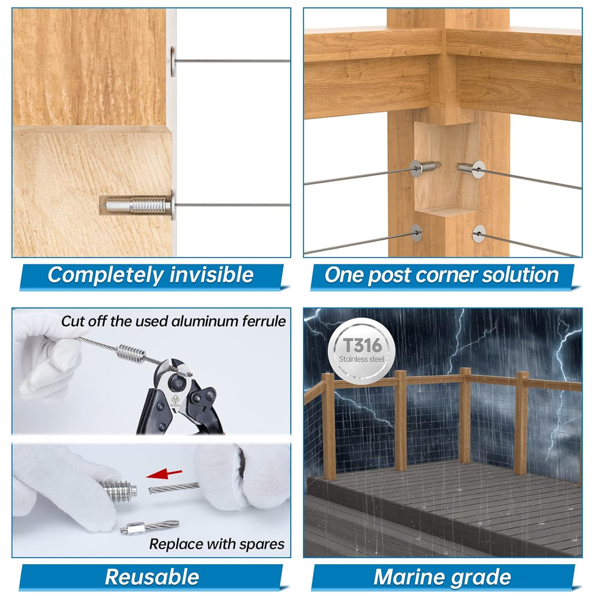 20Pack 1/8 Invisible Cable Railing Kit T316 Stainless Steel for Wood Posts Deck Stairs 10 Cable Lines N219683