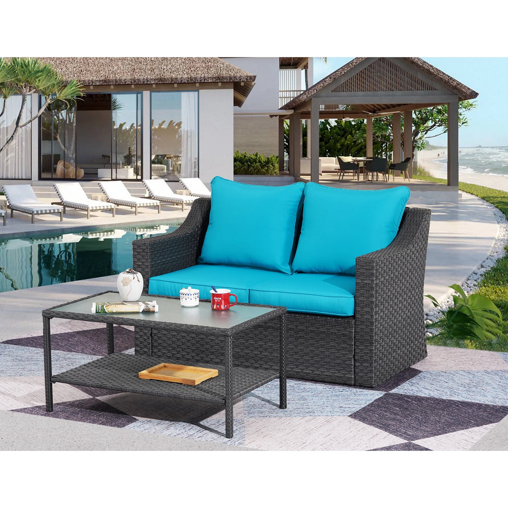Gray Rattan Patio Loveseat with Glass Table M835993