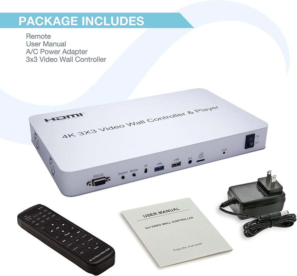 3x3 Video Wall Controller with Media Player, 1080p, HDMI 1.4, 1 HDMI Input & 9 Outputs F496524