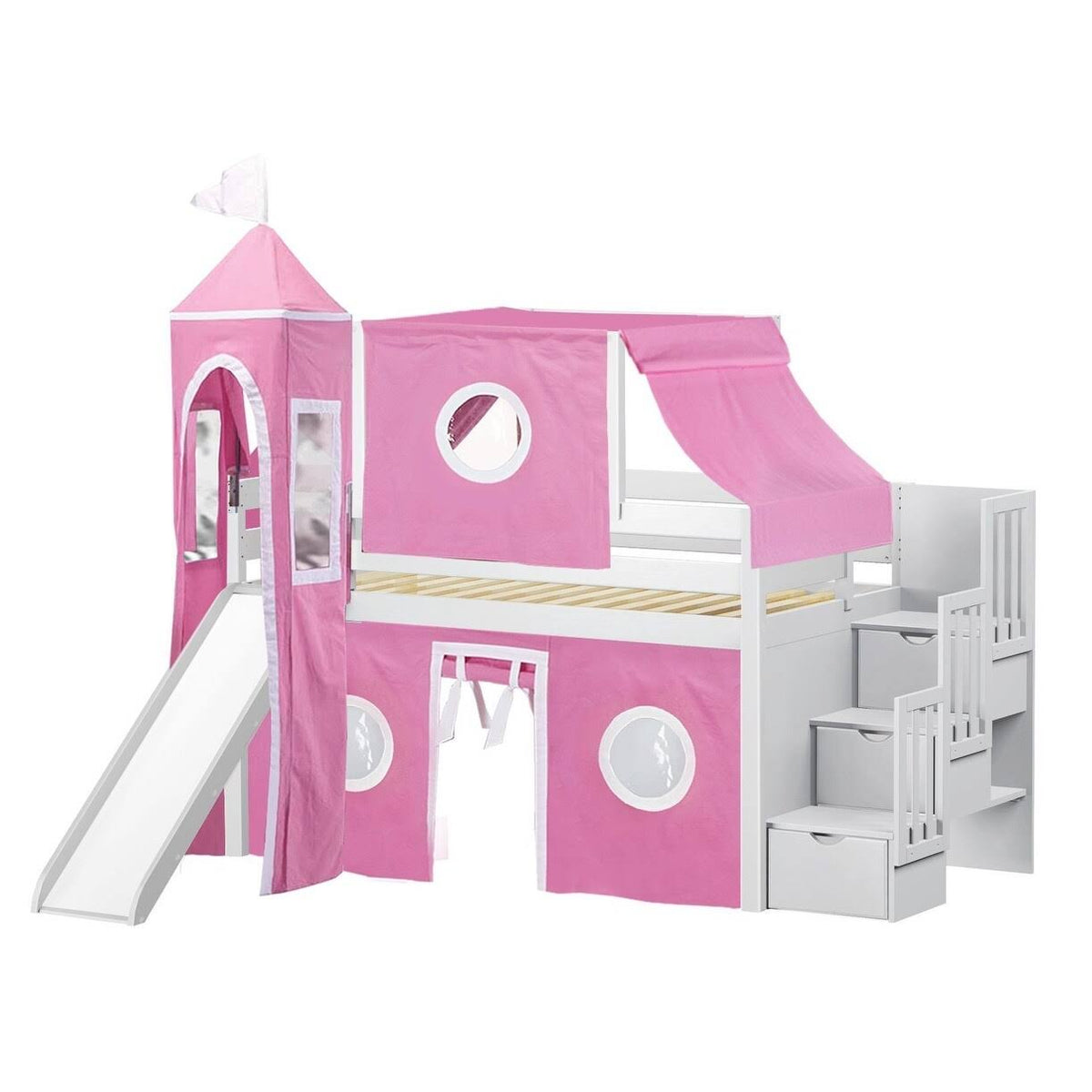 Blue Low Loft Twin Stairway Bed with Slide and Tent C28925