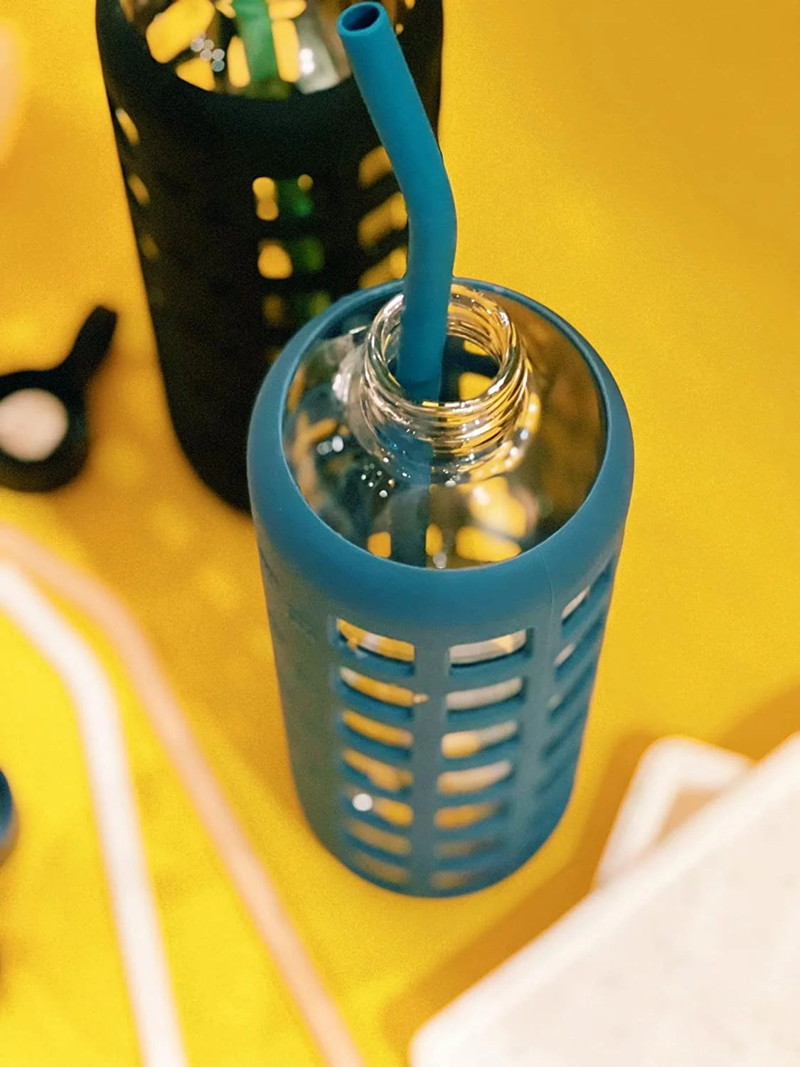 40 oz Reusable Glass Water Bottle with Time and Volume Markings, Non-Slip Silicone Sleeve & Stainless Steel Lid Insert I57045