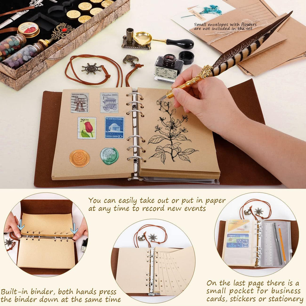 Pheasant Quill Pen and Ink Set Wax Seal Stamp Kit with Leather Journal Notebook, 7 Wax Stamp Heads, Pack of 2 X451065
