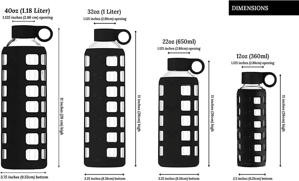 40 oz Reusable Glass Water Bottle with Time and Volume Markings, Non-Slip Silicone Sleeve & Stainless Steel Lid Insert I57045