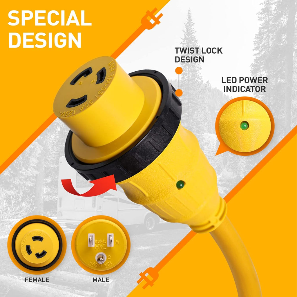 Cable Boat Shore Power Adapter Twist Lock L5-30R to 5-15P Male STW10/3 Heavy Duty Waterproof 30 Amp to 110 Adapter 15 Amp with LED Power Indicator Pack of 2 V305