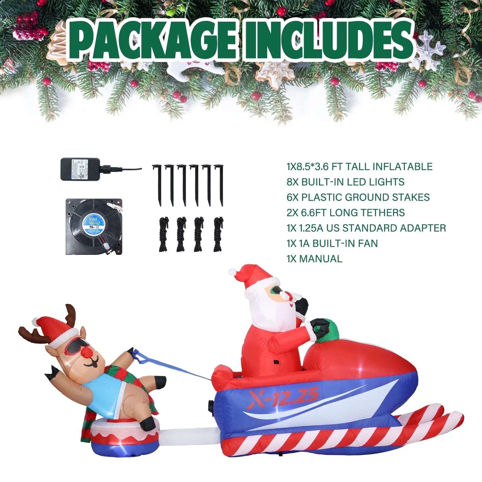 Snowmobile Santa Claus and Reindeer Sleigh Inflatable with LED Z7014