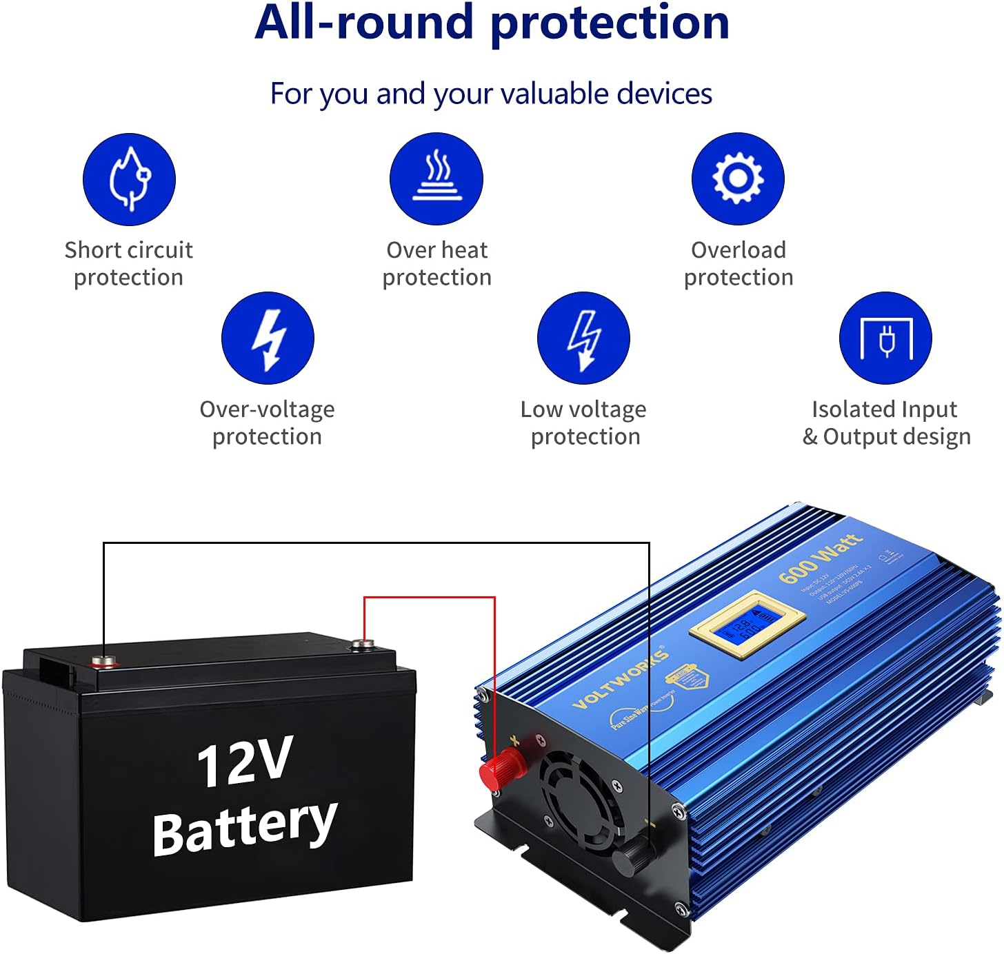 600 Watts Pure Sine Wave Power Inverter DC 12V to AC 110V with Dual USB Port & LCD Display N897