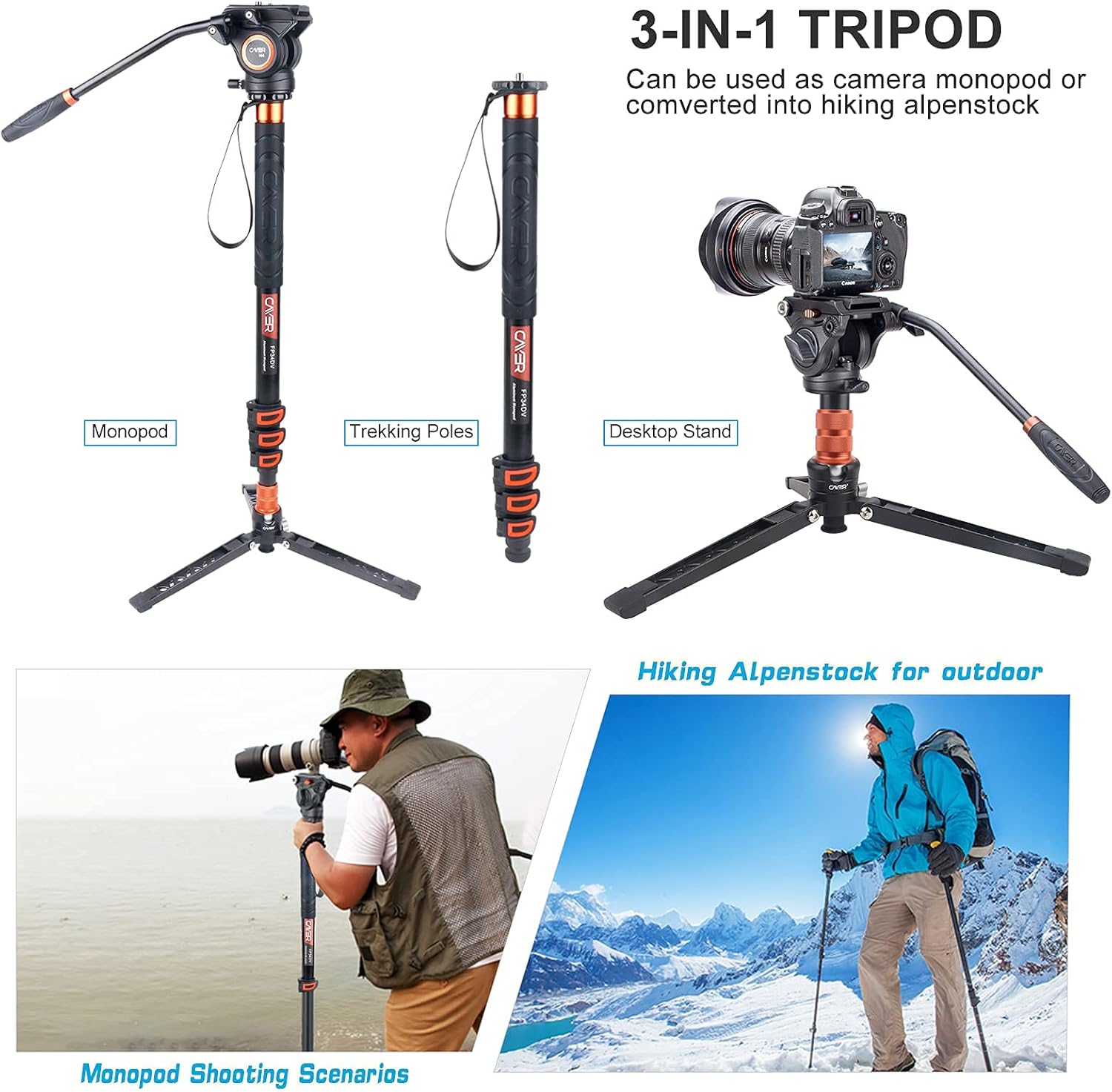 71 inch Lightweight Aluminum Monopod with Pan Tilt Fluid Head and Tripod Base M42200