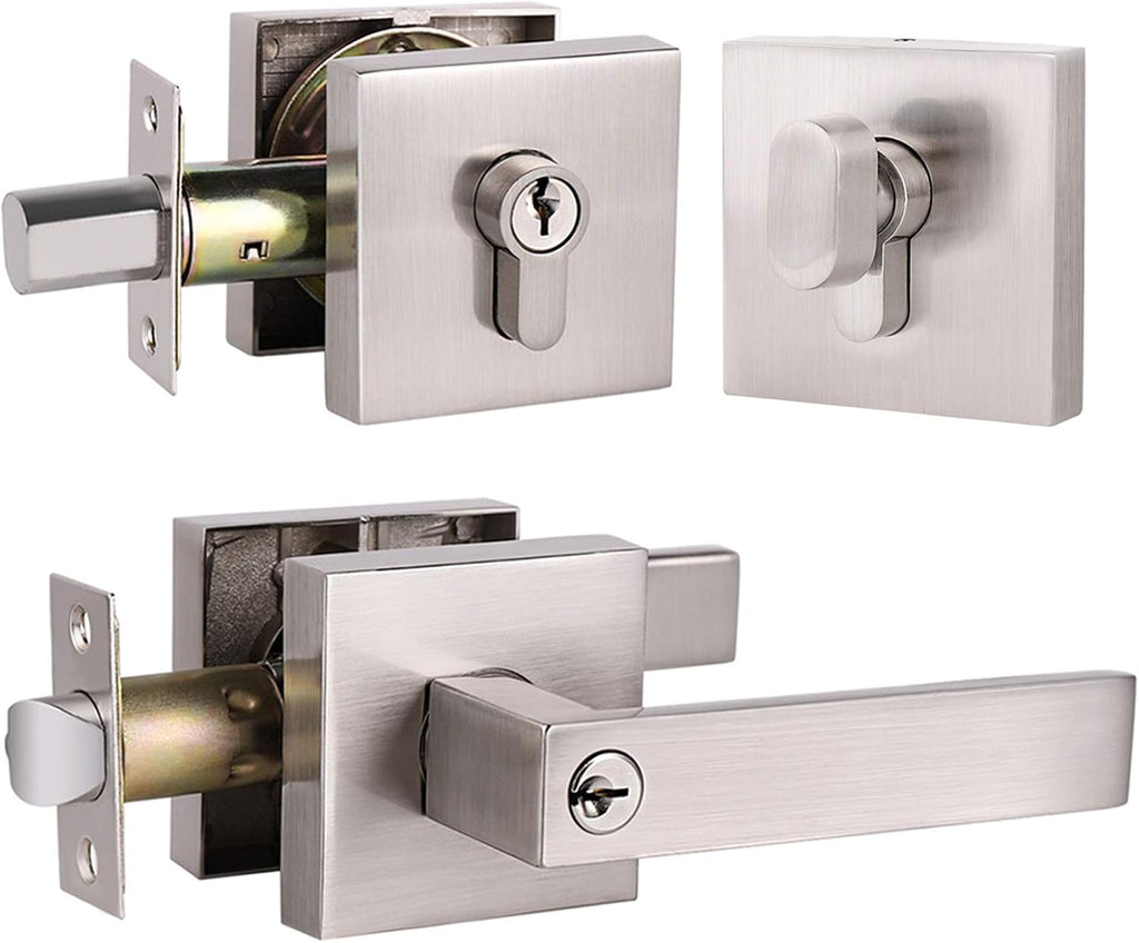 3 Pack Brushed Nickel Entrance Lever Door Handle with Double Cylinder Deadbolt Locksets Keyed Alike V259470