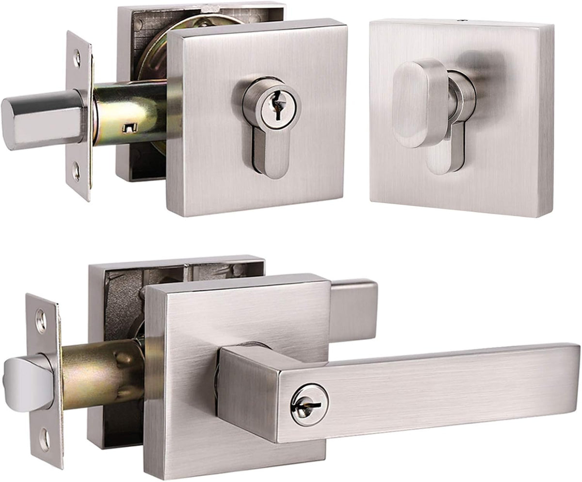 3 Pack Brushed Nickel Entrance Lever Door Handle with Double Cylinder Deadbolt Locksets Keyed Alike V259470