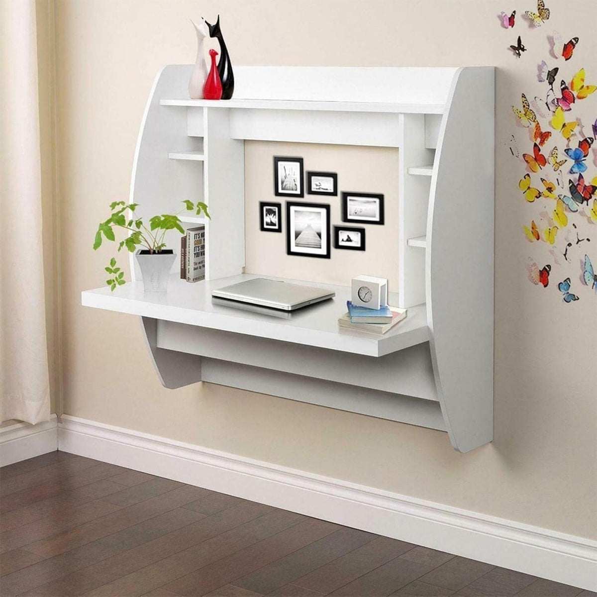 White Wall Mounted Floating Computer Desk with Storage Shelves, Pack of 2 T176