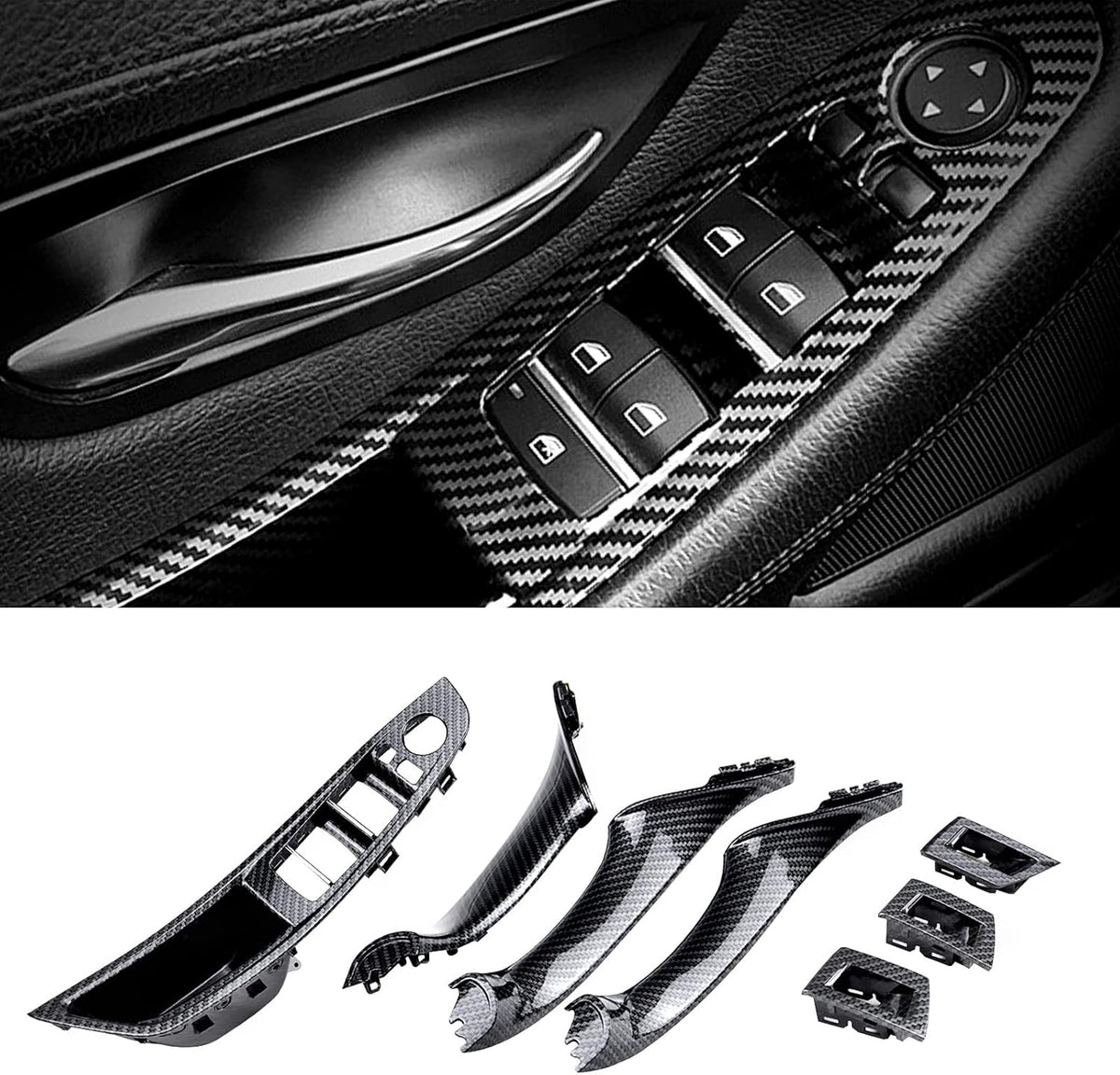 Carbon Fiber Window Switch Armrest Panel Inner Door Pull Handle Trim Cover S666