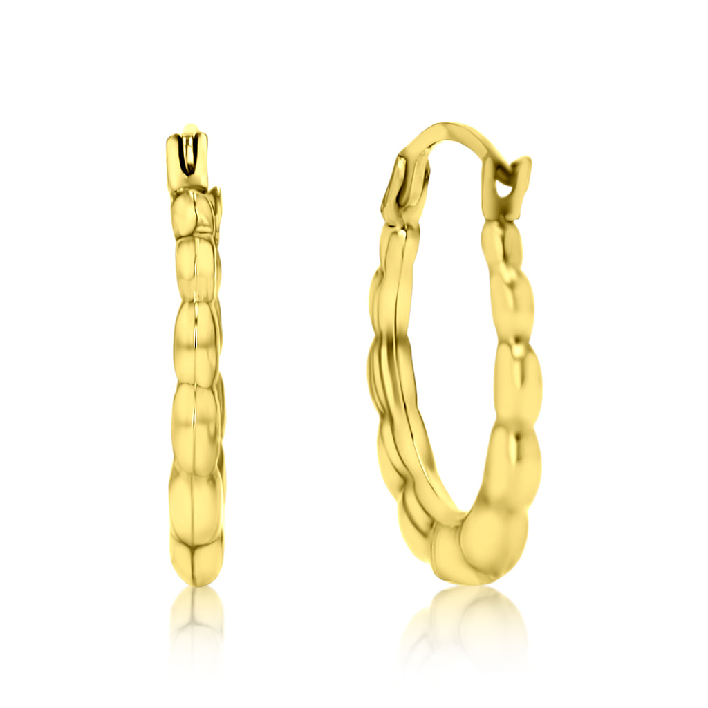 14K Yellow Gold Textured Diamond Cut Flower Design Hoop Earring X290