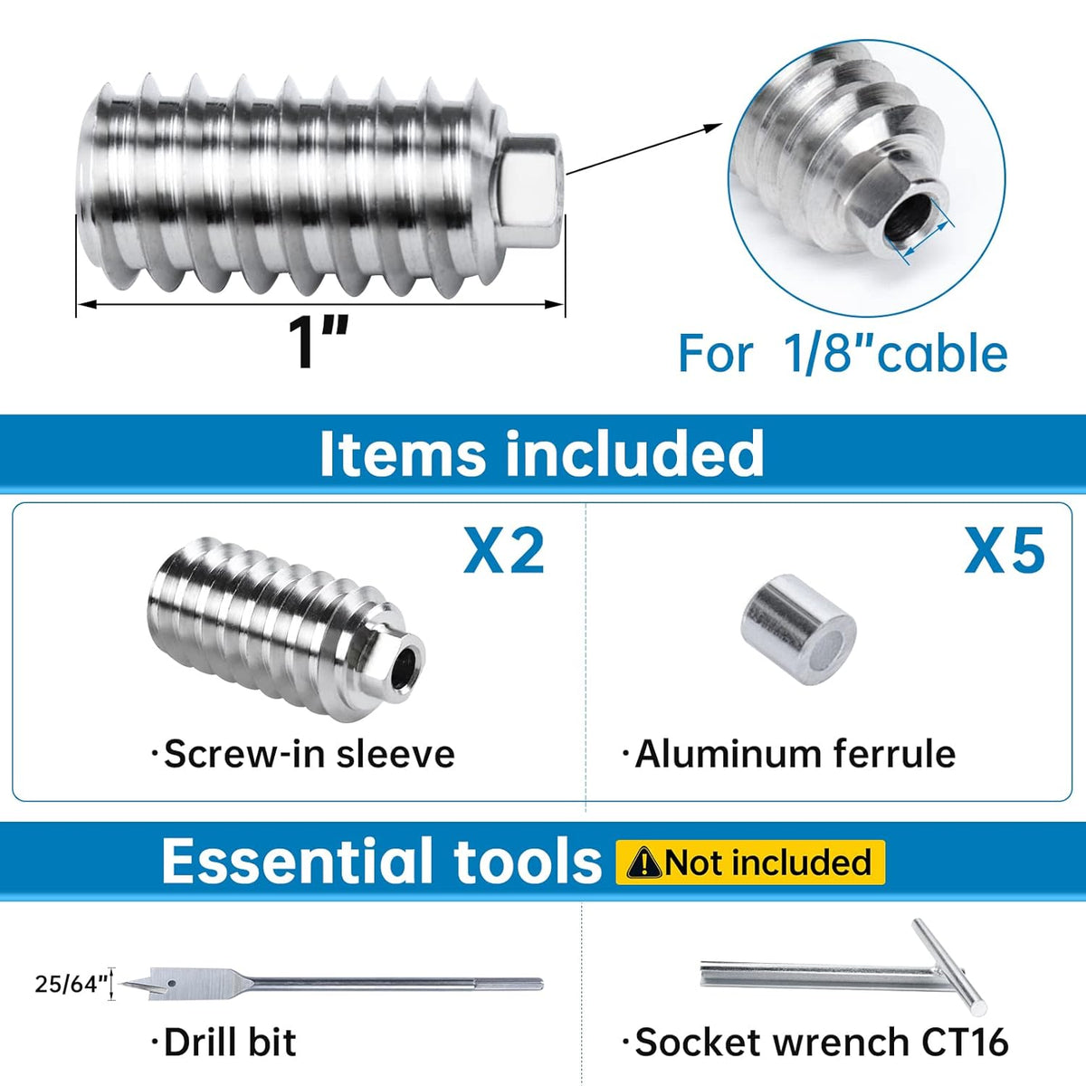 20Pack 1/8 Invisible Cable Railing Kit T316 Stainless Steel for Wood Posts Deck Stairs 10 Cable Lines N219683