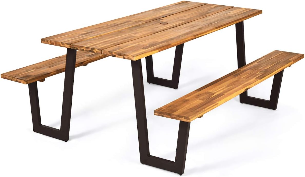 70” Acacia Wood Picnic Table Bench Set with Metal Frame N22403