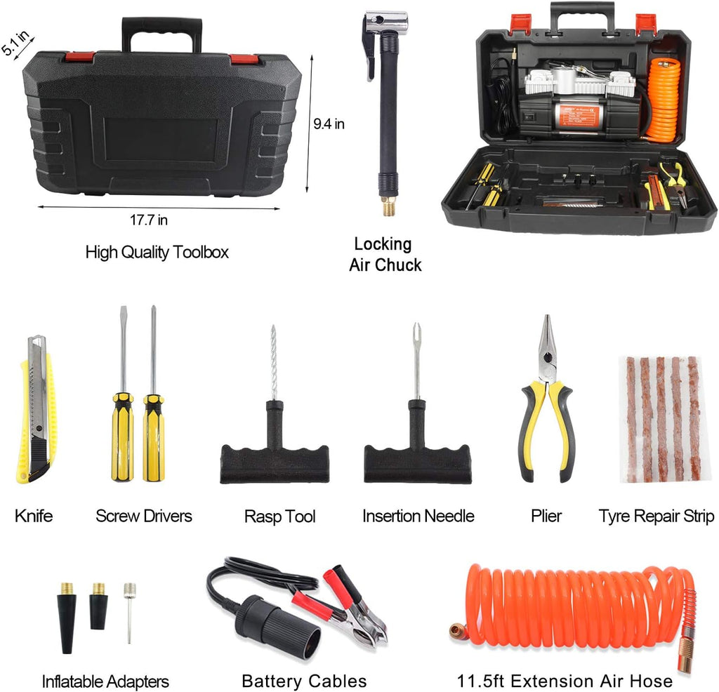 Portable Air Compressor Pump Tire Inflator with Digital Gauge, Heavy Duty Double Cylinder 12V Tire Pump 150 PSI with Tire Repair Kit and Toolbox, Pack of 2 O640405