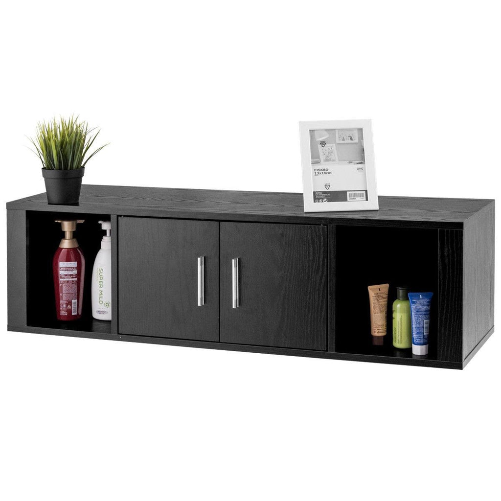 Black Wall Mounted Floating Desk Hutch Cabinet with 2 Door Storage Shelves F94062