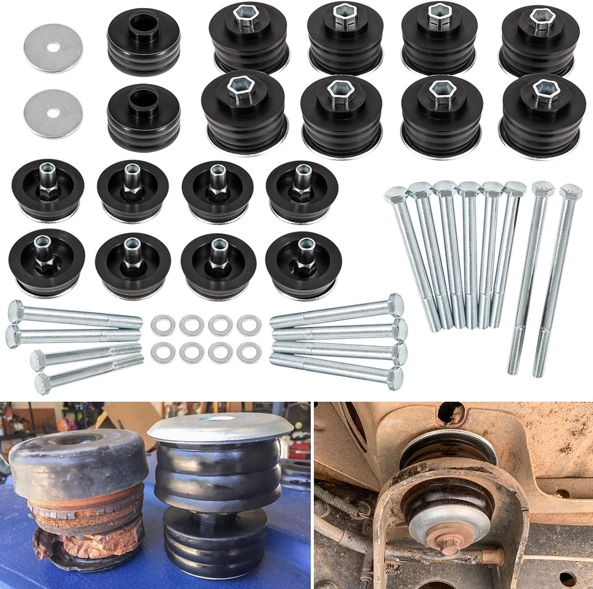 Polyurethane Body Mount Bushing Kit with Steel Sleeves and Hardware J225
