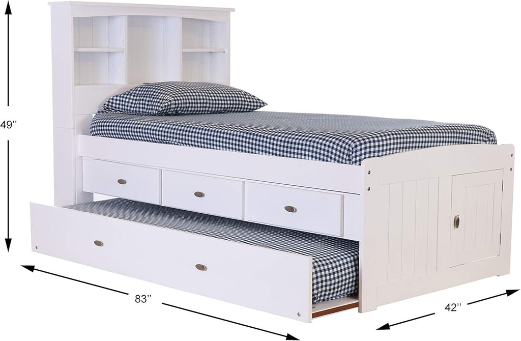 White Twin Bookcase Bed with 3 Drawers and Trundle D42771