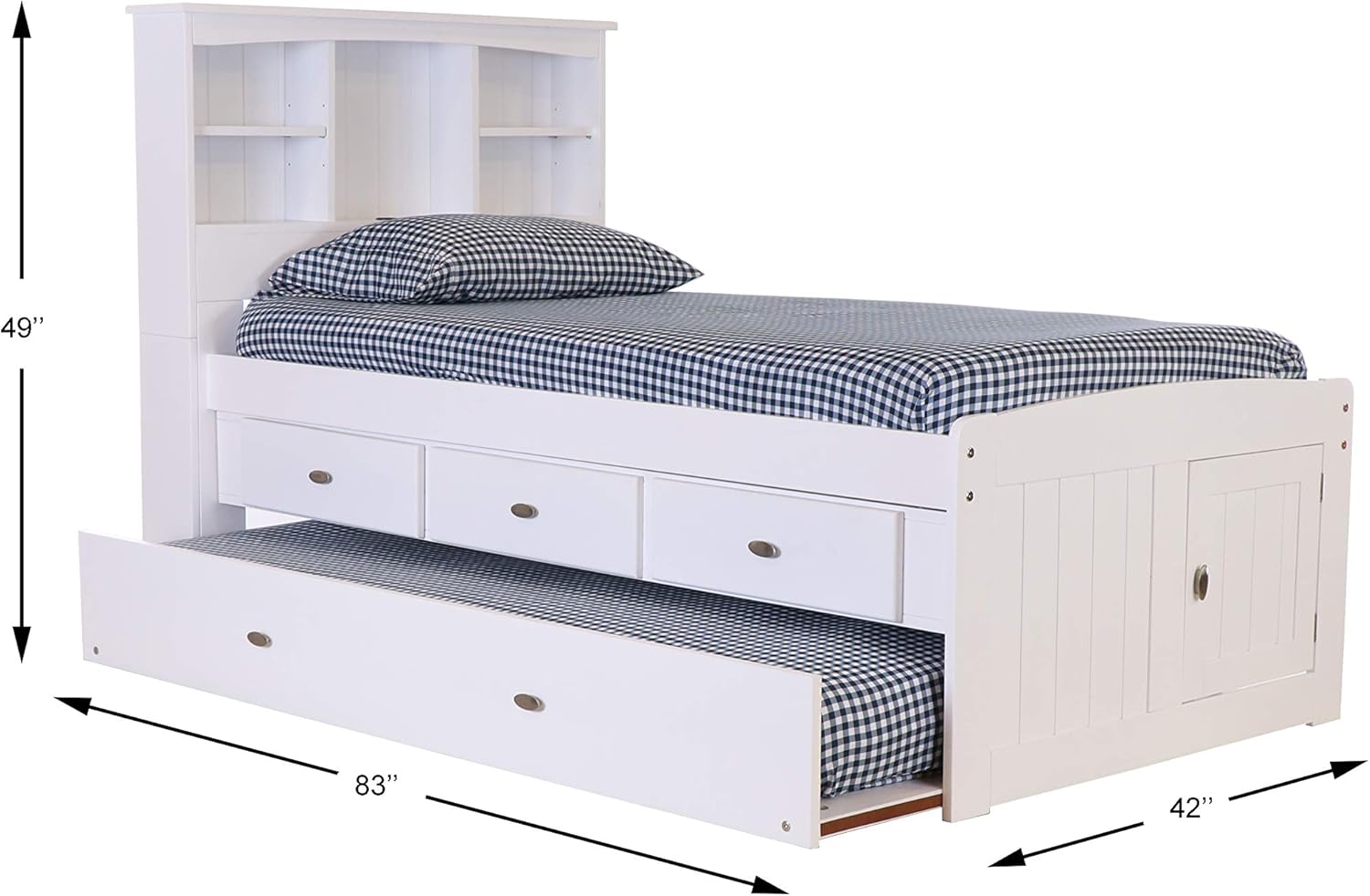 White Twin Bookcase Bed with 3 Drawers and Trundle D42771