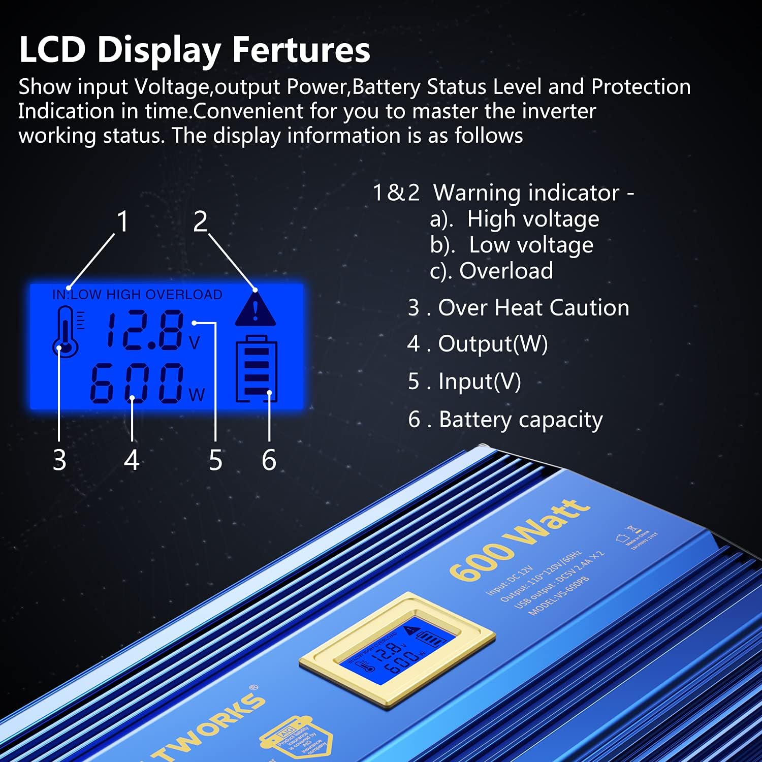 600 Watts Pure Sine Wave Power Inverter DC 12V to AC 110V with Dual USB Port & LCD Display N897