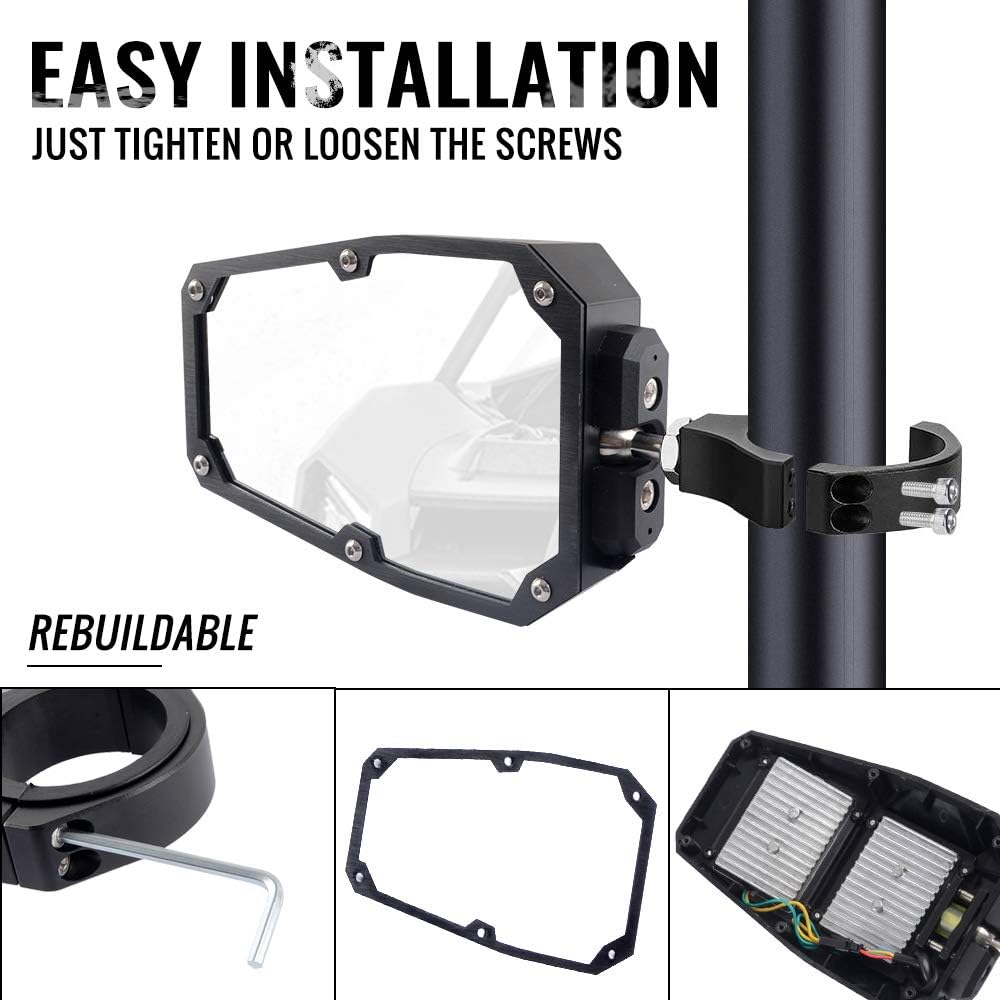 UTV Rear Side View Mirror with LED Spot Light, 1 Pair, Shatterproof Tempered Glass J690