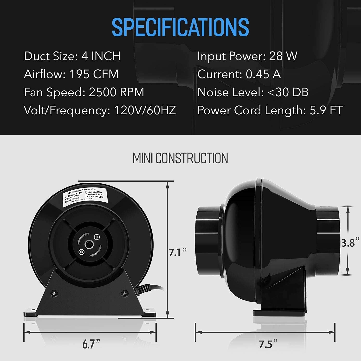 4 Inch 195 CFM Inline Fan, Carbon Filter, 8 Feet Flexible Ducting, Pack of 2 L60930