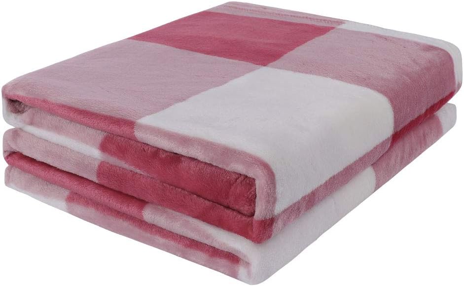 Plaid Flannel Fleece Blanket Queen Size, Grey and White T59431