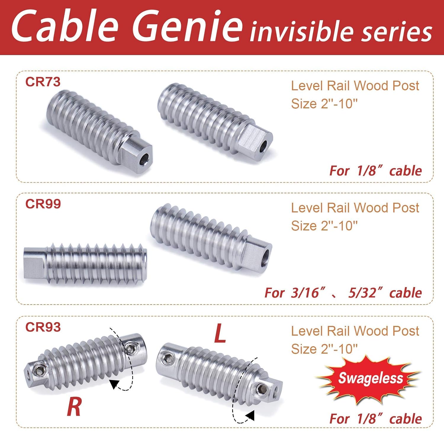 20Pack 1/8 Invisible Cable Railing Kit T316 Stainless Steel for Wood Posts Deck Stairs 10 Cable Lines N219683