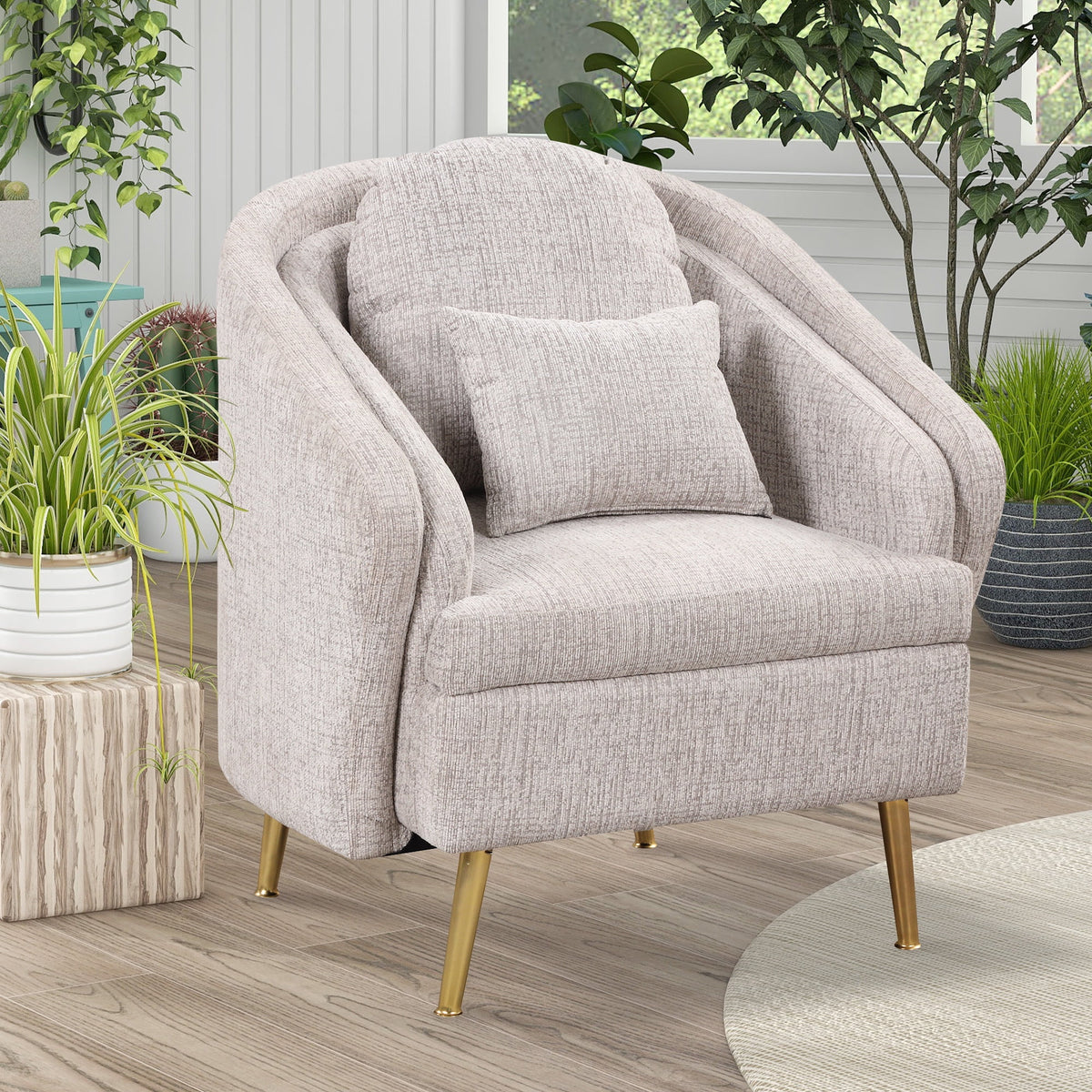 Light Grey Upholstered Accent Chair with Lumbar Pillow and Metal Legs O84157