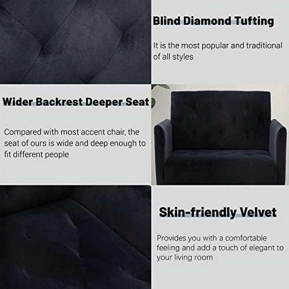 Black Velvet Tufted Accent Chair with Metal Legs R75722