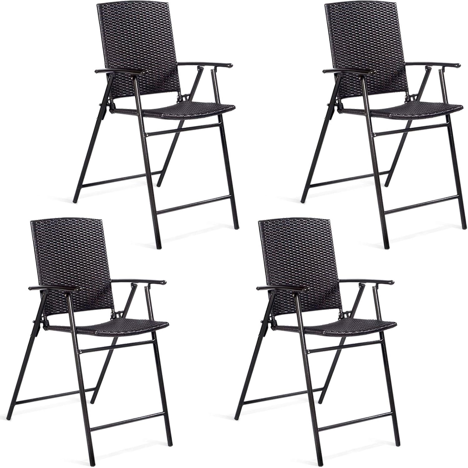 Set of 4 Folding Wicker Rattan Bar Stools with Back P74354