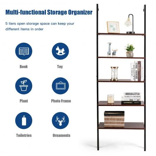 5-Tier Metal Frame Ladder Shelf Brown Z3018