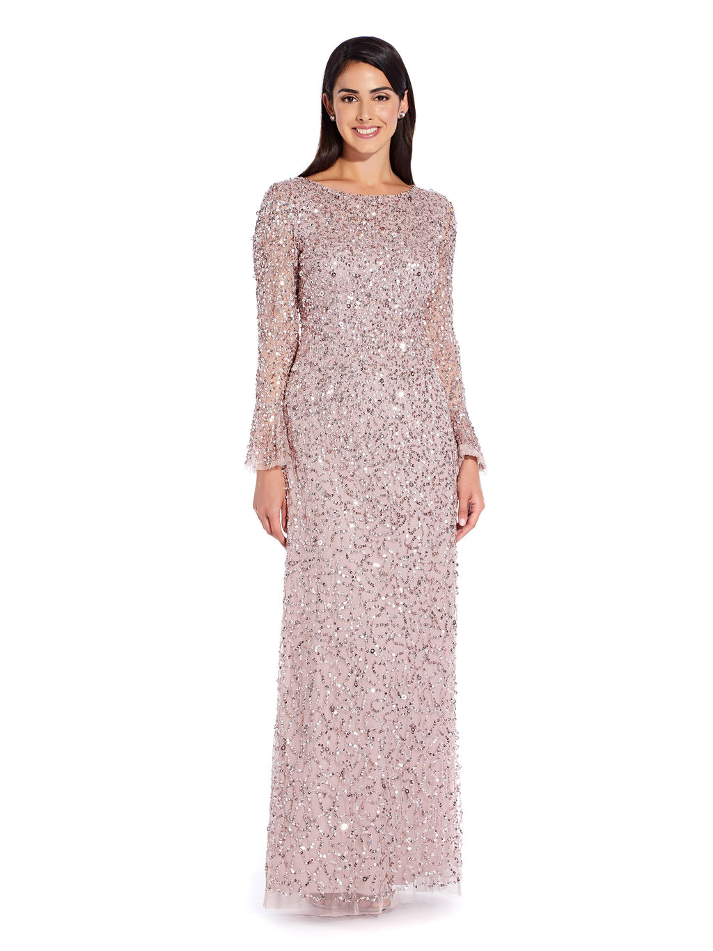 Pink Beaded Evening Gown with Bell Sleeves A36821