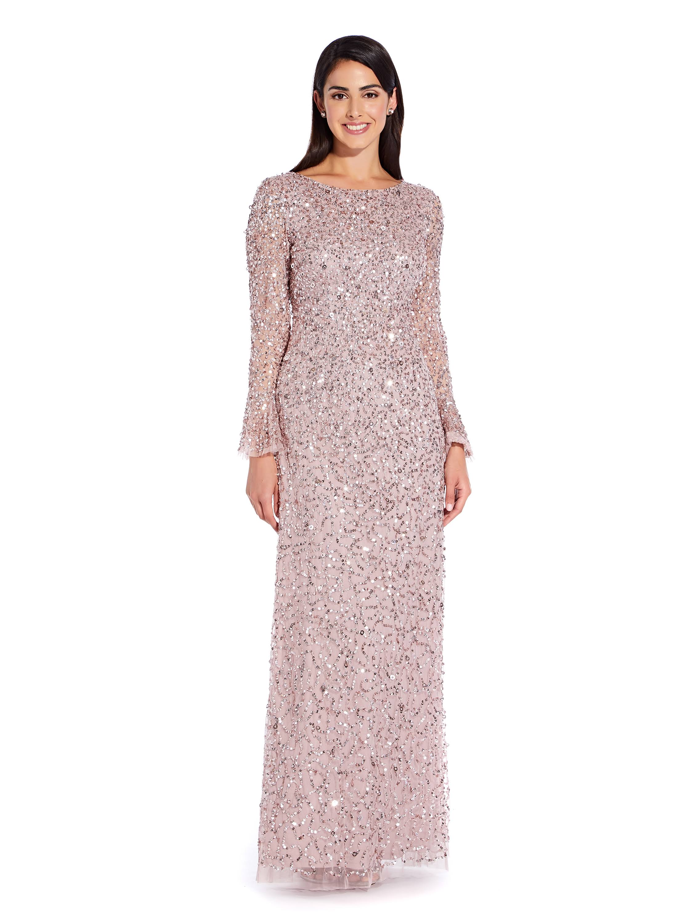 Pink Beaded Evening Gown with Bell Sleeves A36821