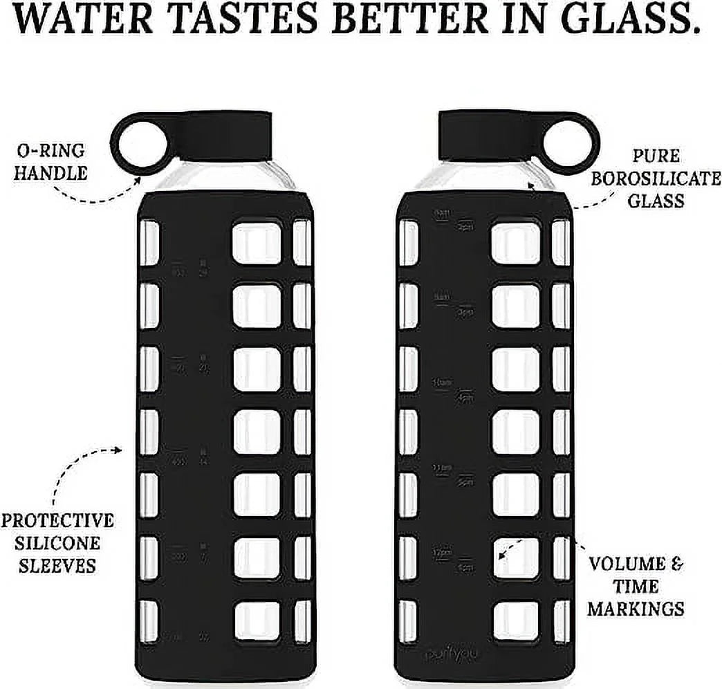 40 oz Reusable Glass Water Bottle with Time and Volume Markings, Non-Slip Silicone Sleeve & Stainless Steel Lid Insert I57045