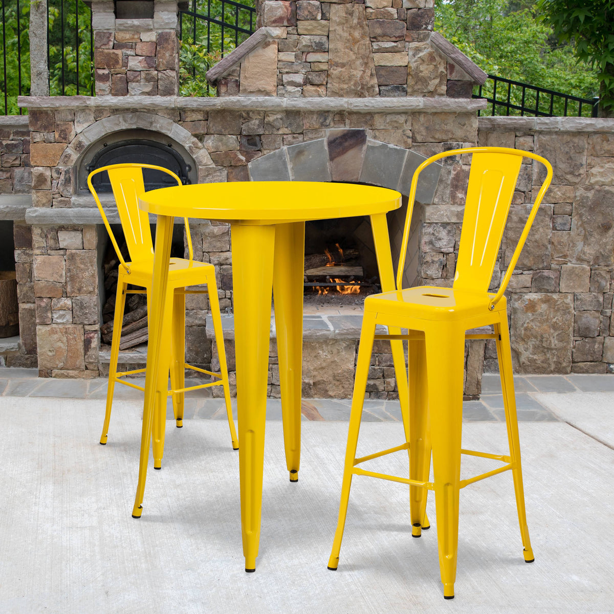 Yellow Metal Bar Table Set with 2 Cafe Stools W2057