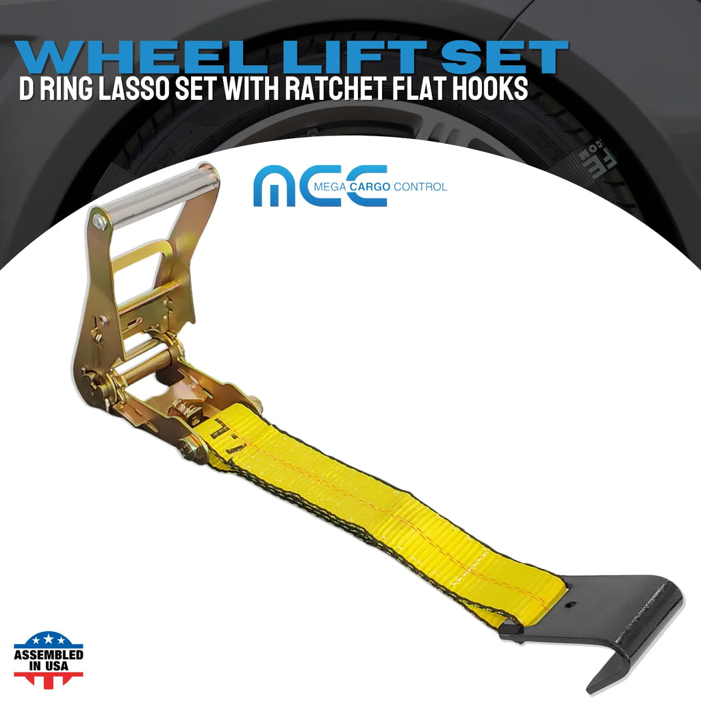 4 Pack 2" x 10' Side Mount Wheel Net Tie Down Ratchet Lasso Strap Flat Hook Yellow B33299