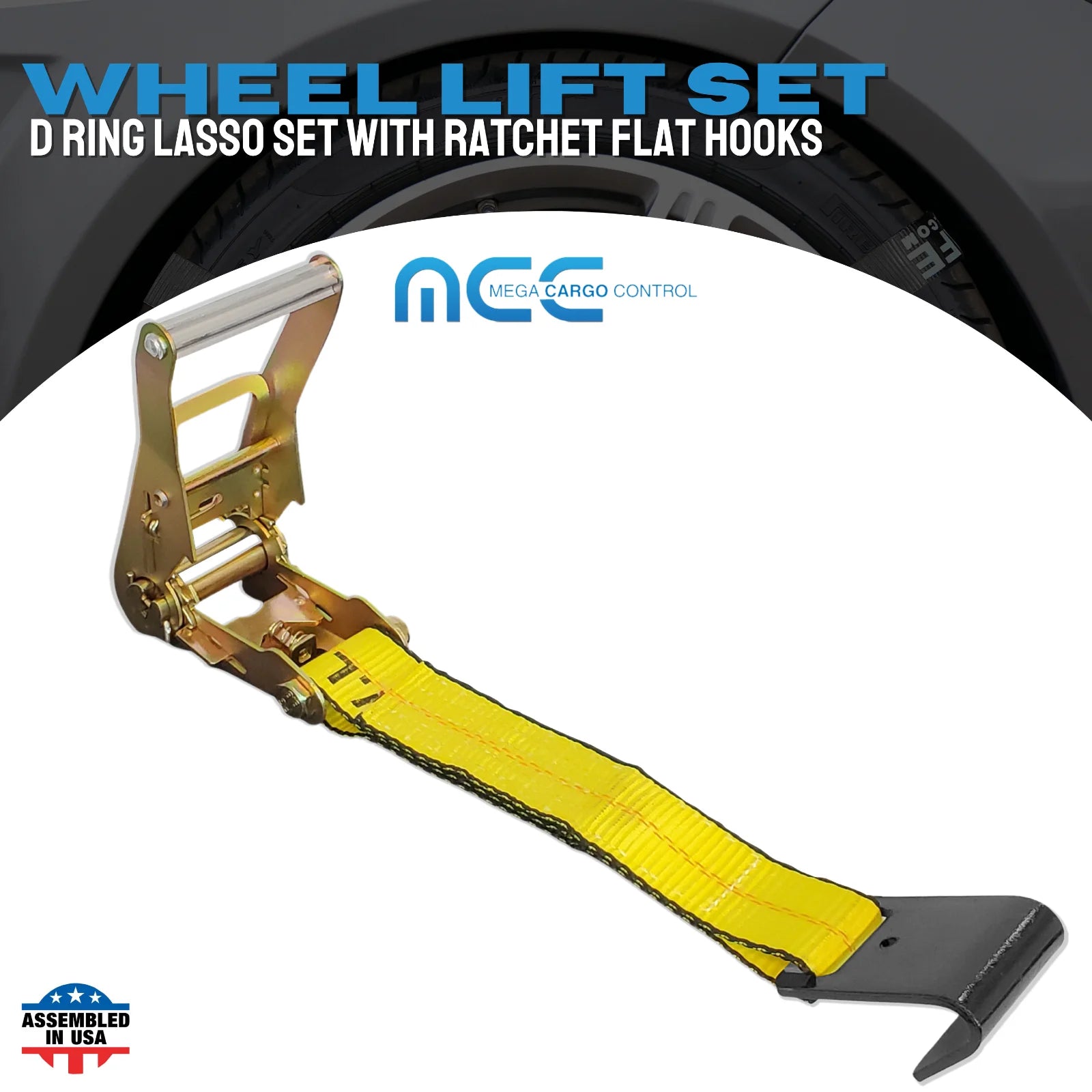 4 Pack 2" x 10' Side Mount Wheel Net Tie Down Ratchet Lasso Strap Flat Hook Yellow B33299