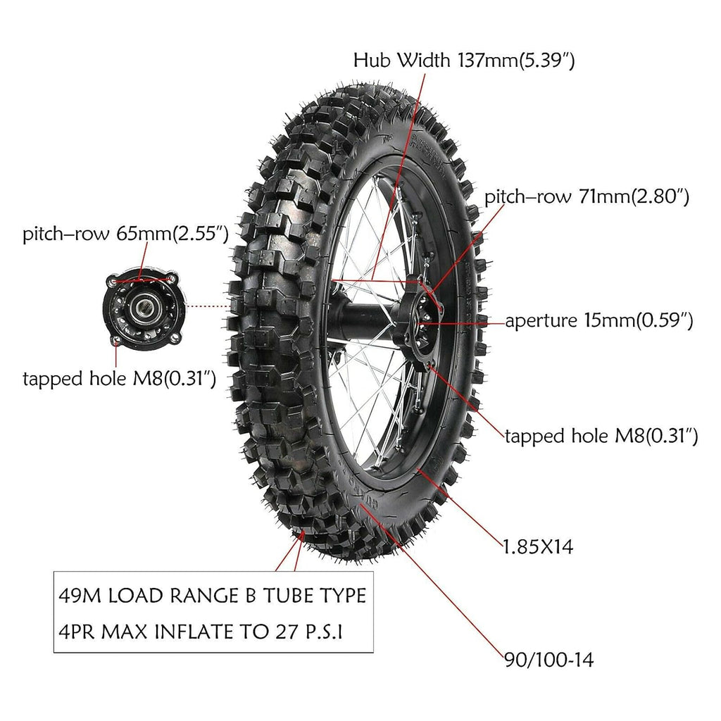 14" Rear Wheel 90/100-14 Tire + Rim for Dirt Bike Pit Bike M9949