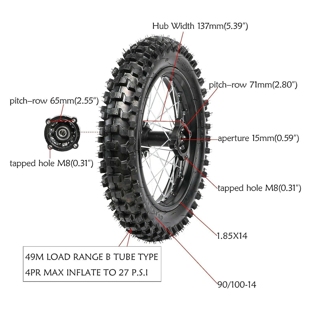 14" Rear Wheel 90/100-14 Tire + Rim for Dirt Bike Pit Bike M9949