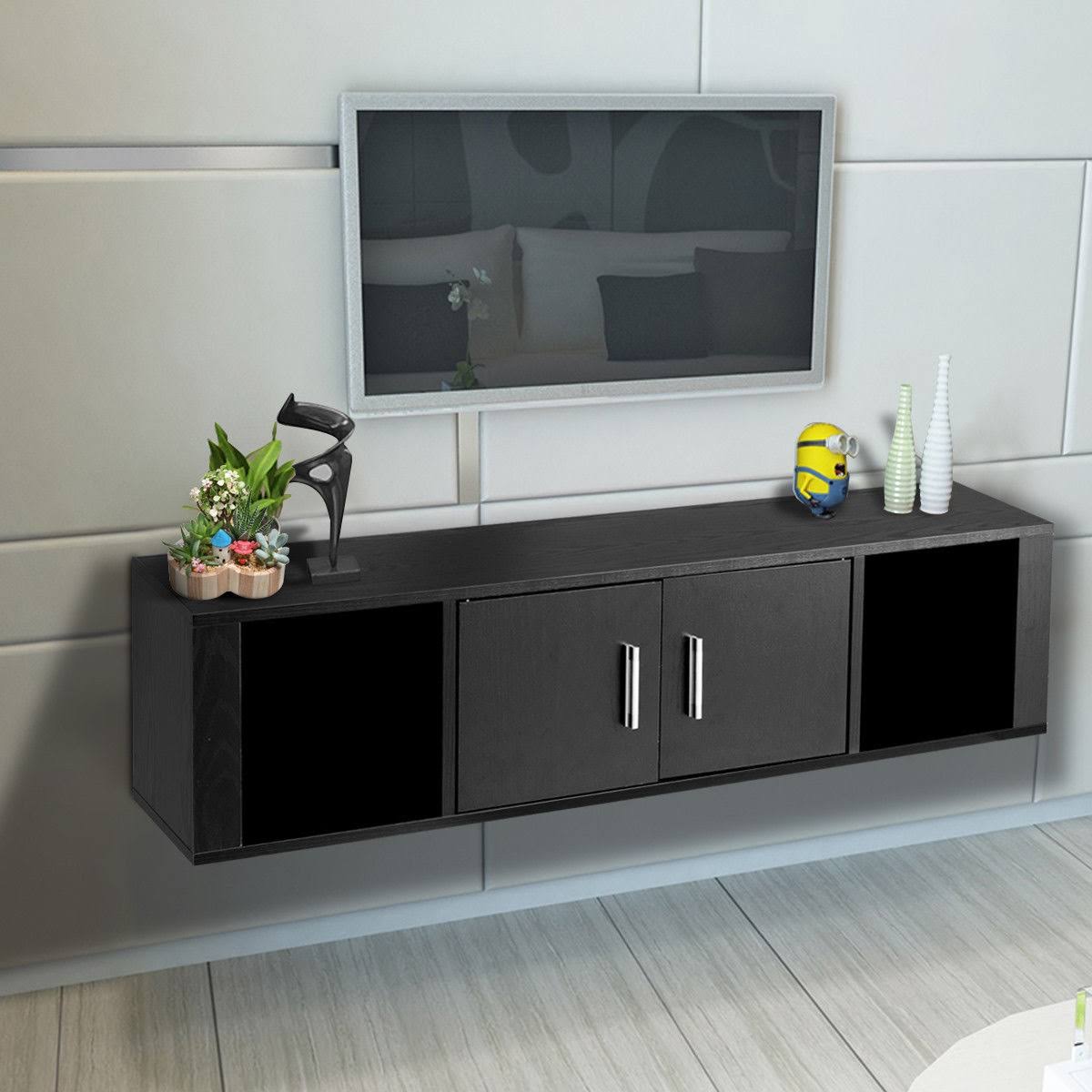 Black Wall Mounted Floating Desk Hutch Cabinet with 2 Door Storage Shelves F94062