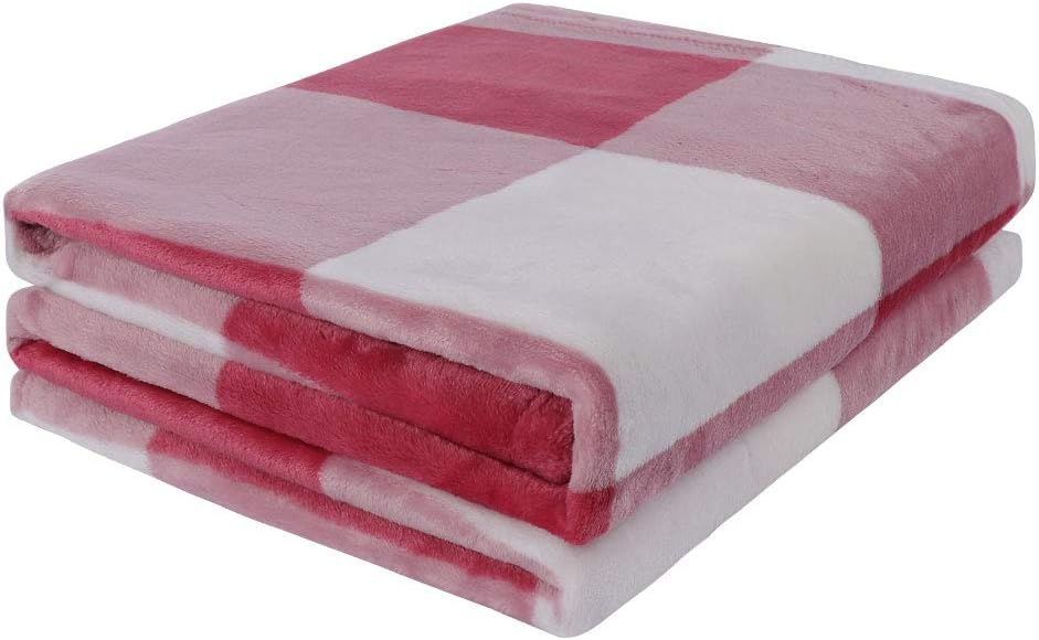 Plaid Flannel Fleece Blanket Queen Size, Grey and White T59431