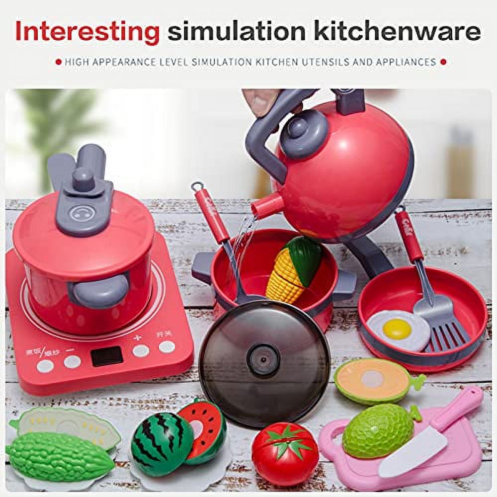 Pretend Play Kitchen Toy with Cookware, Steam Pressure Pot, Electronic Induction Cooktop, Cooking Utensils, Toy Cutlery, Play Food, Shopping Basket K28974