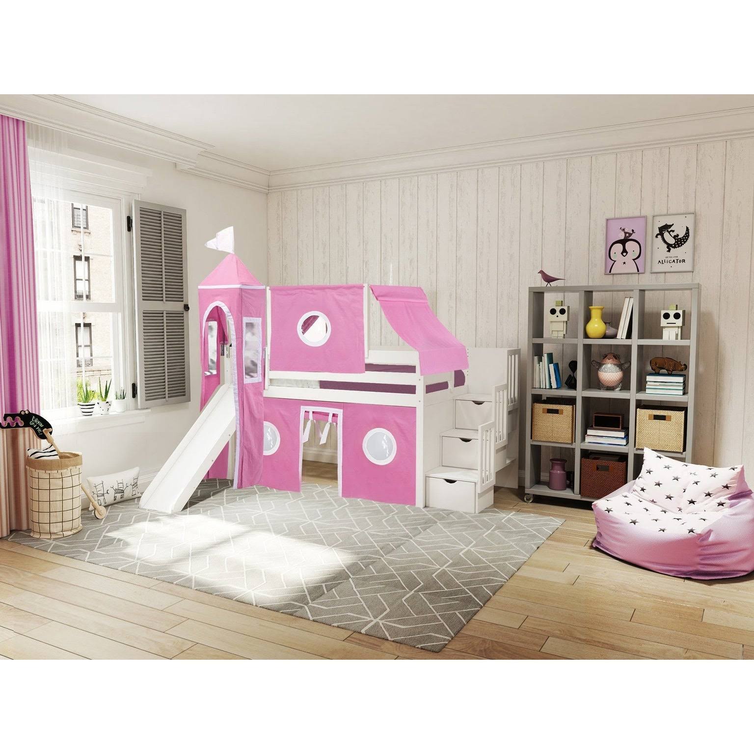Blue Low Loft Twin Stairway Bed with Slide and Tent C28925