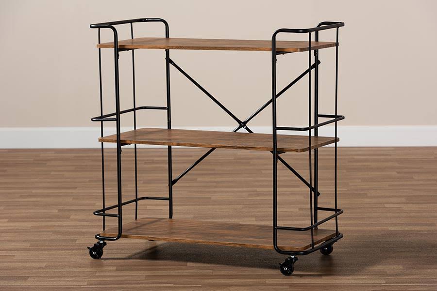 Black Metal and Walnut Finished Wood Bar and Kitchen Serving Cart B76625