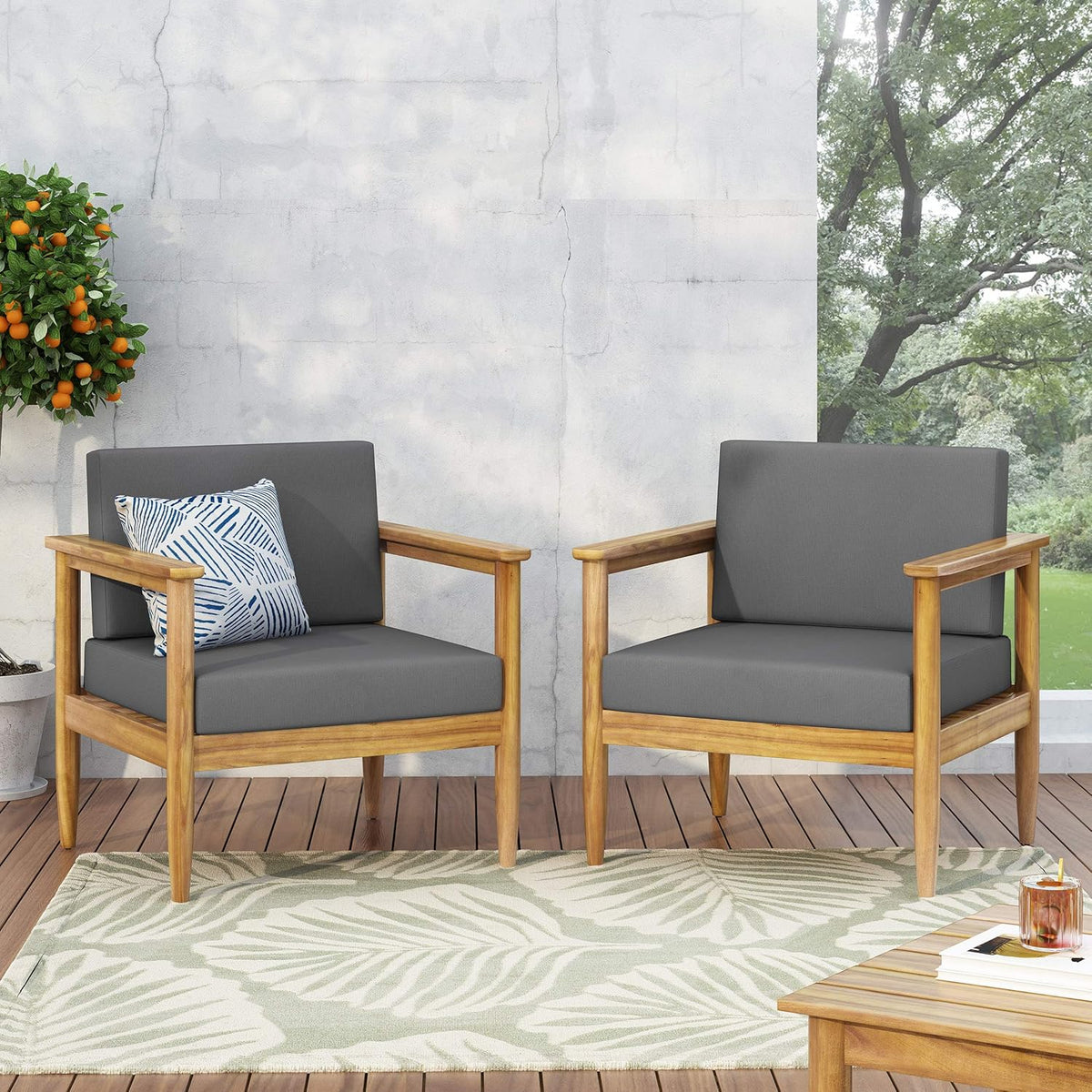 Outdoor Acacia Wood Club Chair Set of 2 Teak Dark Gray M103