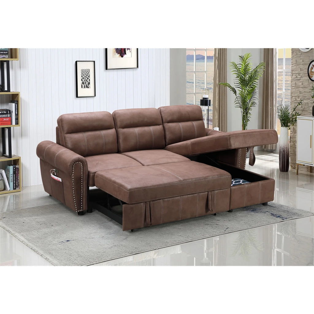 Brown Reversible Sleeper Sectional Sofa Chaise with USB Charger W84077